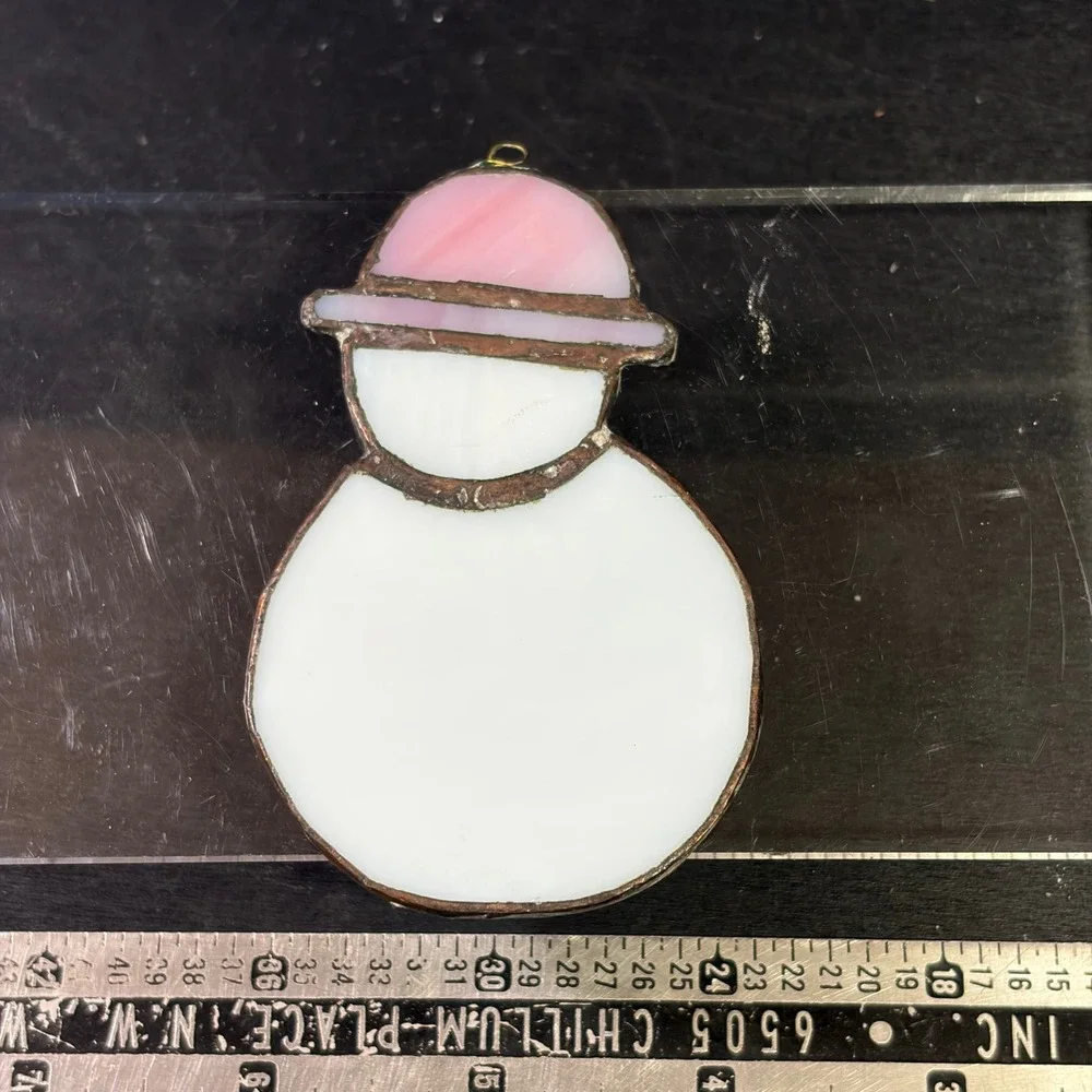 Vintage Stained Glass Snowman Ornament Pink Slag Glass Hat Suncatcher 4 Inch